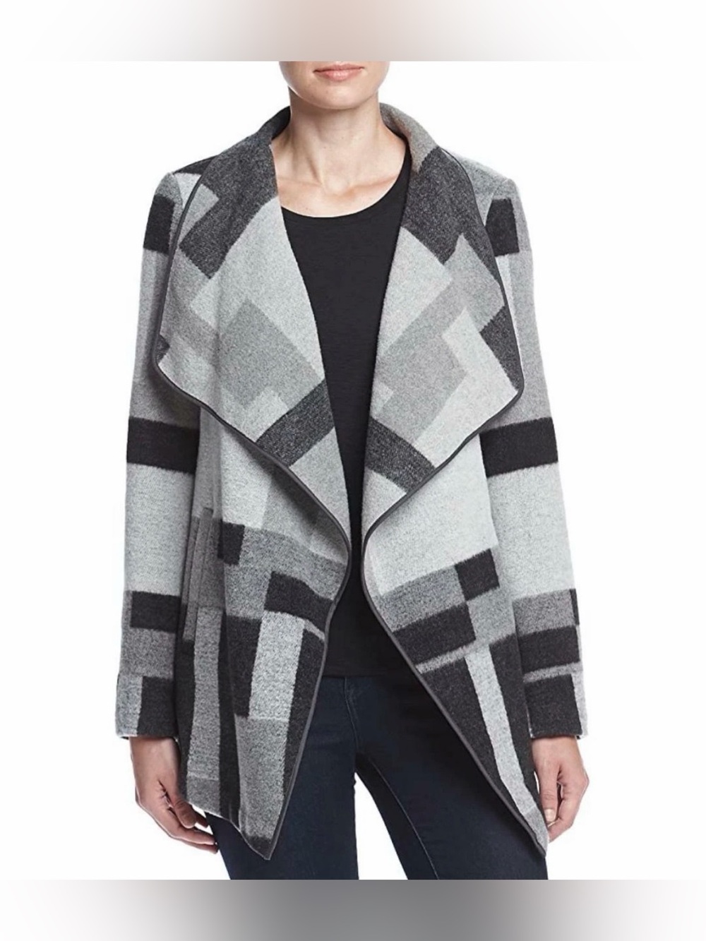 French Connection Oversized Collar Jacket Open Front Gray Black Small - C65-026